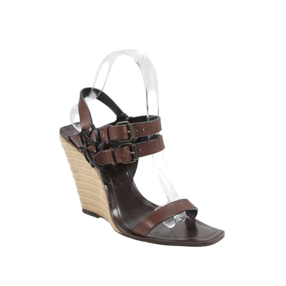 Saint Laurent Womens Wedge Heel Leather Ankle Strap Espadrilles Sandals Brown 36